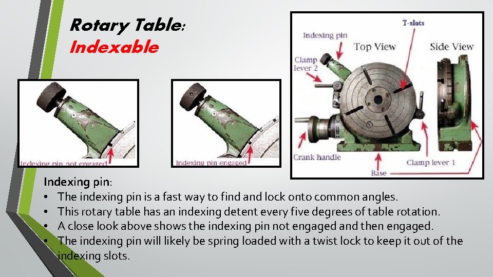 Rotary Table: Indexable Indexing pin: • The indexing pin is a fast way to Rotary Table: Indexable Indexing pin: • The indexing pin is a fast way to
