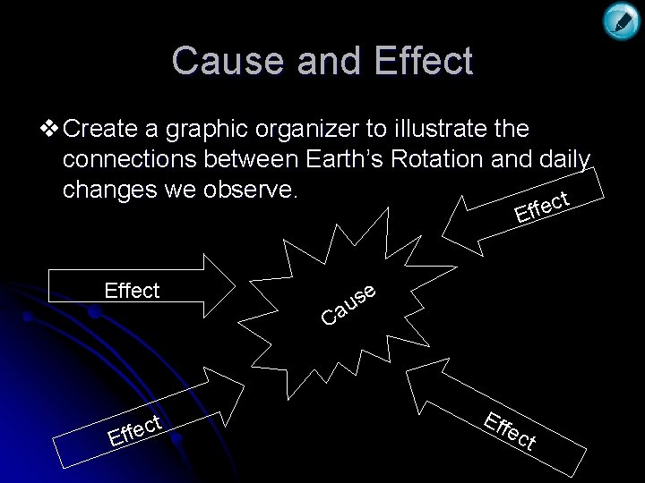 Cause and Effect v Create a graphic organizer to illustrate the connections between Earth’s