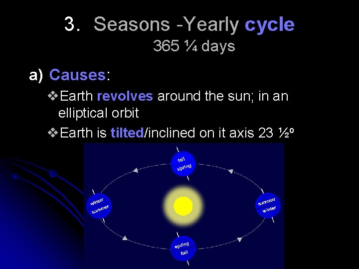 3. Seasons -Yearly cycle 365 ¼ days a) Causes: v. Earth revolves around the