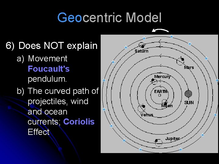 Geocentric Model 6) Does NOT explain a) Movement Foucault's pendulum. b) The curved path