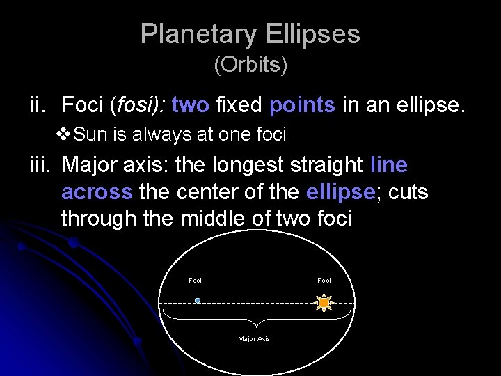 Planetary Ellipses (Orbits) ii. Foci (fosi): two fixed points in an ellipse. v. Sun