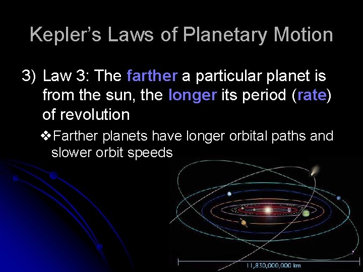 Kepler’s Laws of Planetary Motion 3) Law 3: The farther a particular planet is