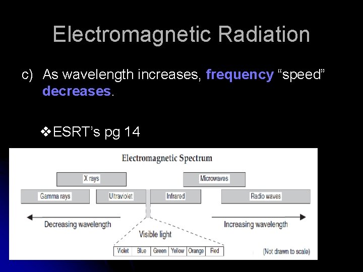 Electromagnetic Radiation c) As wavelength increases, frequency “speed” decreases. v. ESRT’s pg 14 