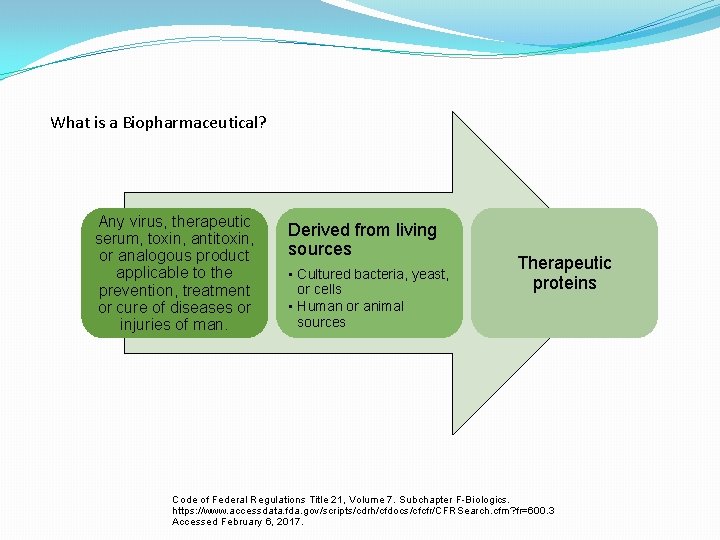 What is a Biopharmaceutical? Any virus, therapeutic serum, toxin, antitoxin, or analogous product applicable