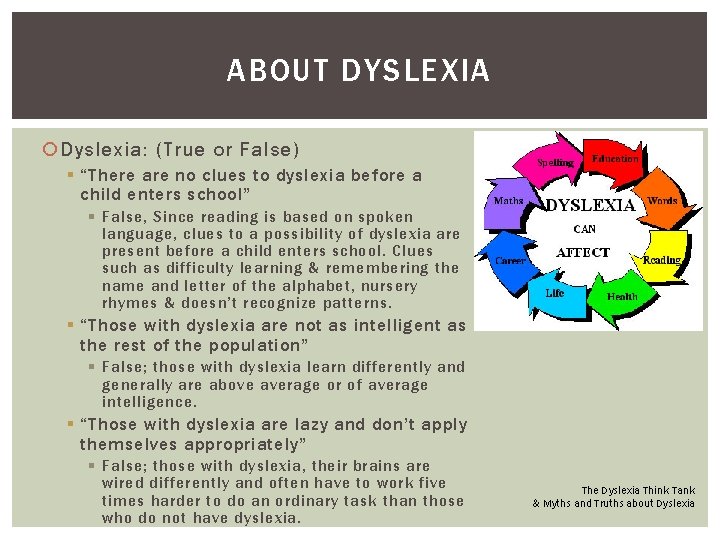 ABOUT DYSLEXIA Dyslexia: (True or False) § “There are no clues to dyslexia before