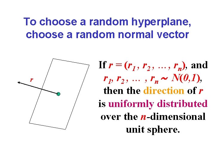 To choose a random hyperplane, choose a random normal vector r If r =