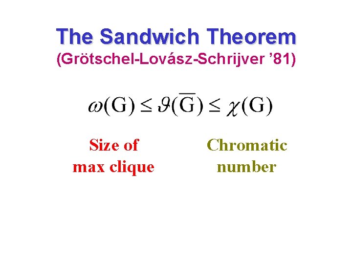 The Sandwich Theorem (Grötschel-Lovász-Schrijver ’ 81) Size of max clique Chromatic number 