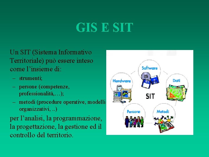GIS E SIT Un SIT (Sistema Informativo Territoriale) può essere inteso come l’insieme di: