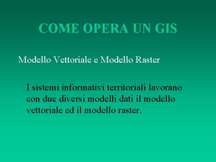 COME OPERA UN GIS Modello Vettoriale e Modello Raster I sistemi informativi territoriali lavorano