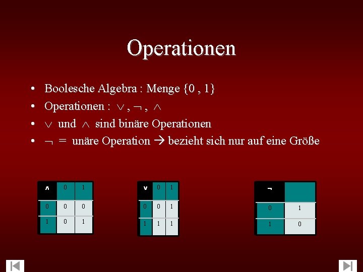 Operationen • • Boolesche Algebra : Menge {0 , 1} Operationen : , ,