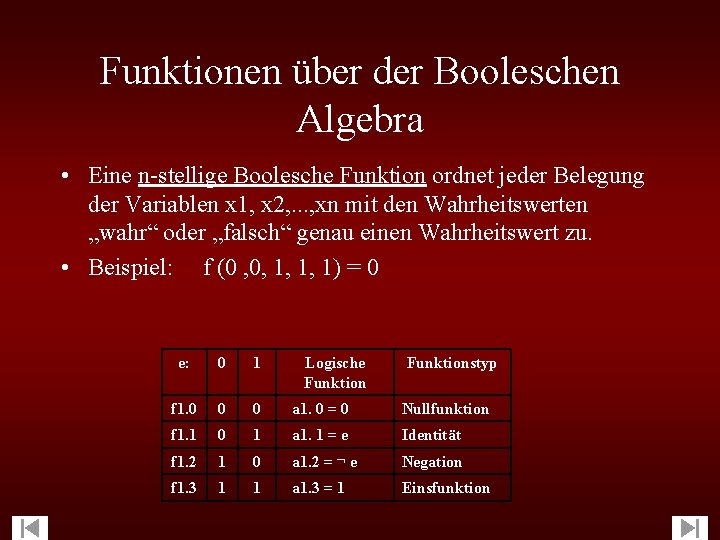 Funktionen über der Booleschen Algebra • Eine n-stellige Boolesche Funktion ordnet jeder Belegung der