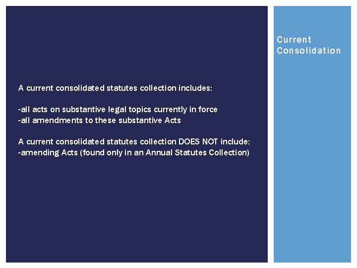 Current Consolidation A current consolidated statutes collection includes: -all acts on substantive legal topics