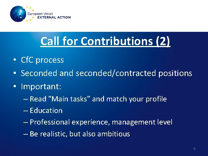 Call for Contributions (2) • Cf. C process • Seconded and seconded/contracted positions •