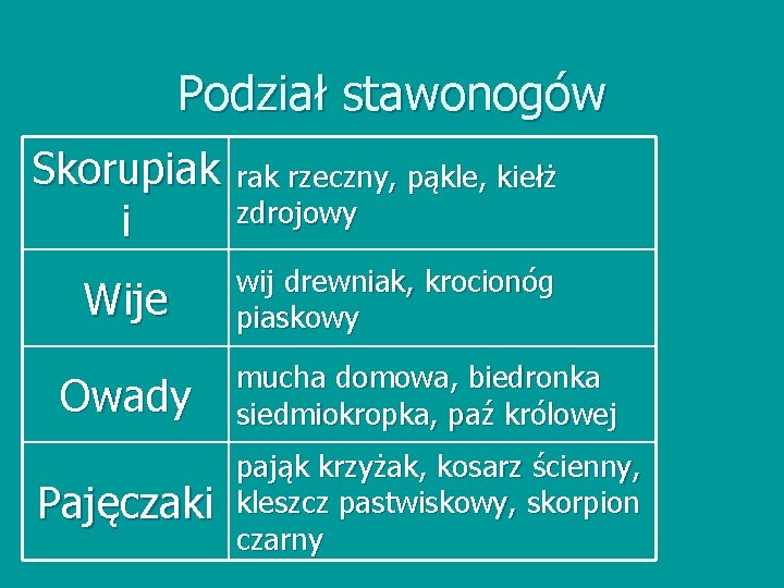Podział stawonogów Skorupiak i rak rzeczny, pąkle, kiełż zdrojowy Wije wij drewniak, krocionóg piaskowy