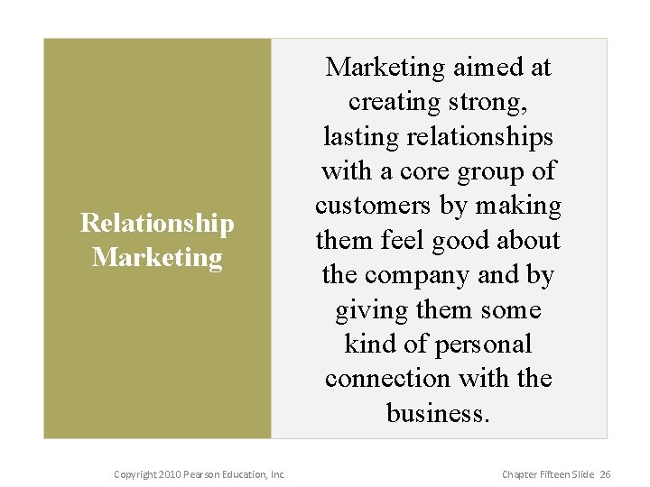 Relationship Marketing Copyright 2010 Pearson Education, Inc. Marketing aimed at creating strong, lasting relationships