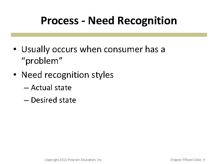 Process - Need Recognition • Usually occurs when consumer has a “problem” • Need