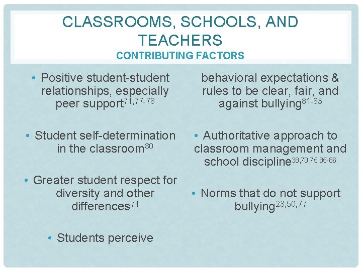 CLASSROOMS, SCHOOLS, AND TEACHERS CONTRIBUTING FACTORS • Positive student-student relationships, especially peer support 71,