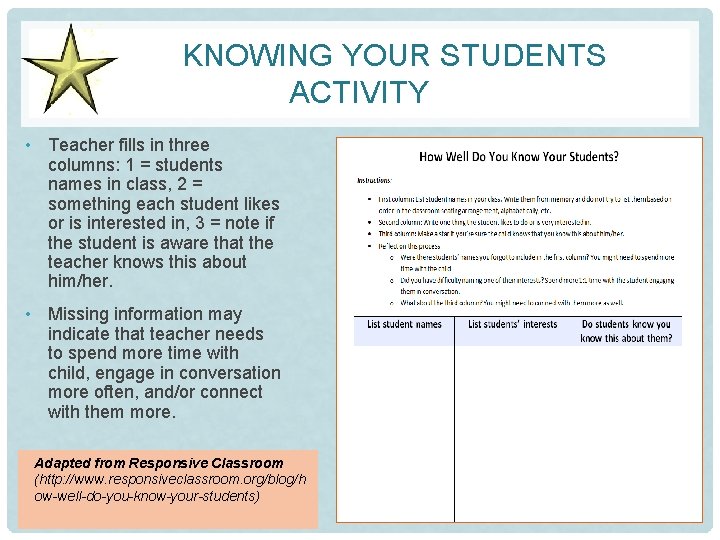 KNOWING YOUR STUDENTS ACTIVITY • Teacher fills in three columns: 1 = students names