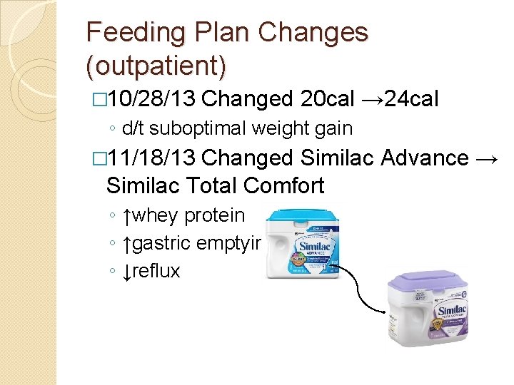 Feeding Plan Changes (outpatient) � 10/28/13 Changed 20 cal → 24 cal ◦ d/t