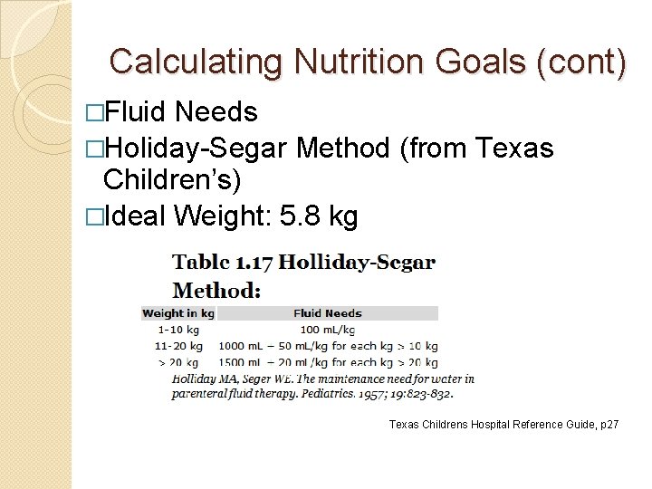 Calculating Nutrition Goals (cont) �Fluid Needs �Holiday-Segar Method (from Texas Children’s) �Ideal Weight: 5.