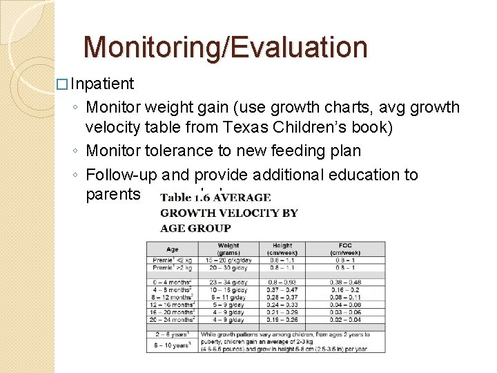 Monitoring/Evaluation � Inpatient ◦ Monitor weight gain (use growth charts, avg growth velocity table