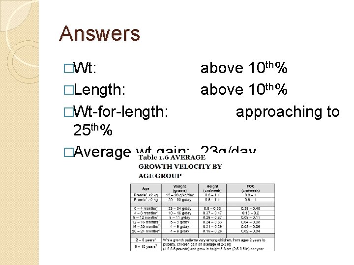 Answers �Wt: �Length: �Wt-for-length: above 10 th% approaching to 25 th% �Average wt gain: