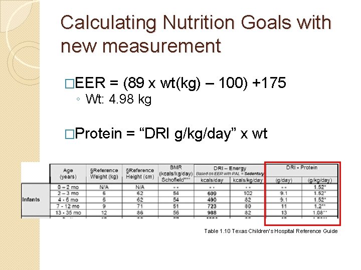 Calculating Nutrition Goals with new measurement �EER = (89 x wt(kg) – 100) +175