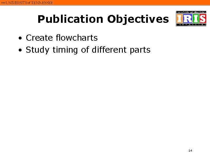 Publication Objectives • Create flowcharts • Study timing of different parts 14 