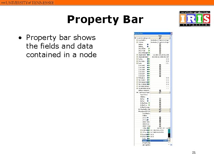 Property Bar • Property bar shows the fields and data contained in a node