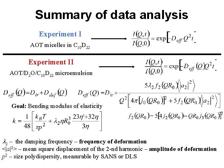 Summary of data analysis Experiment I AOT micelles in C 10 D 22 Experiment