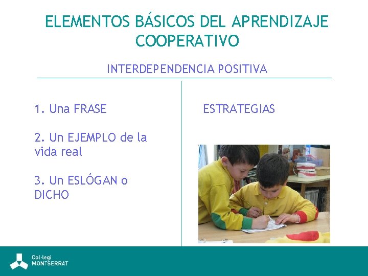 ELEMENTOS BÁSICOS DEL APRENDIZAJE COOPERATIVO INTERDEPENDENCIA POSITIVA 1. Una FRASE 2. Un EJEMPLO de