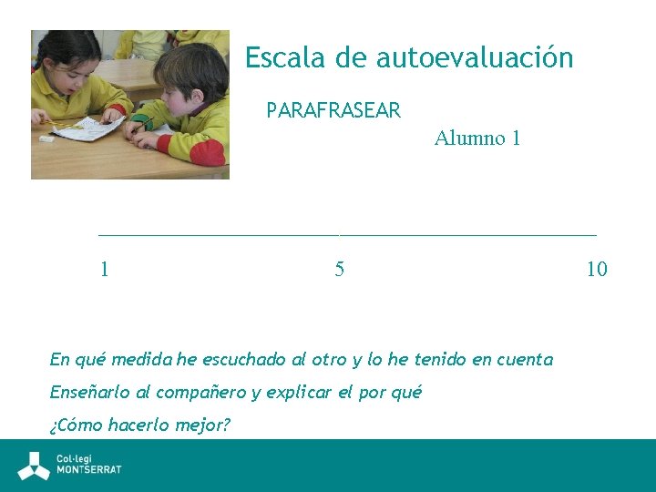 Escala de autoevaluación PARAFRASEAR Alumno 1 1 5 10 En qué medida he escuchado