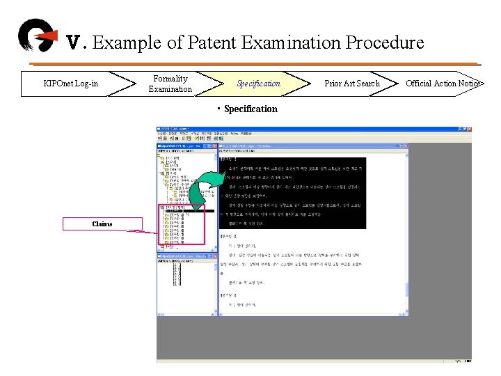 Ⅴ. Example of Patent Examination Procedure KIPOnet Log-in Formality Examination Specification • Specification Claims