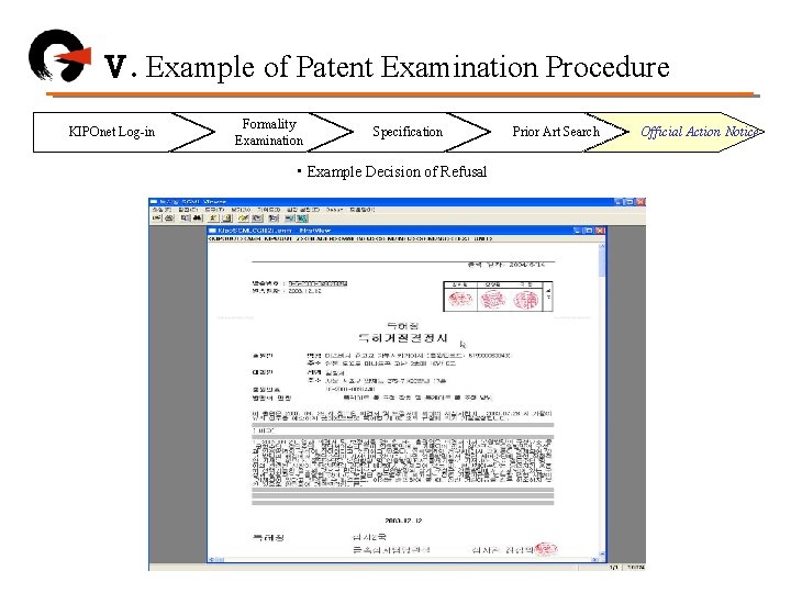 Ⅴ. Example of Patent Examination Procedure KIPOnet Log-in Formality Examination Specification • Example Decision