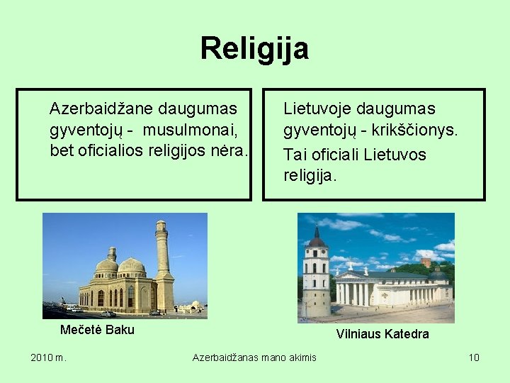 Religija Azerbaidžane daugumas Lietuvoje daugumas gyventojų - musulmonai, gyventojų - krikščionys. bet oficialios religijos