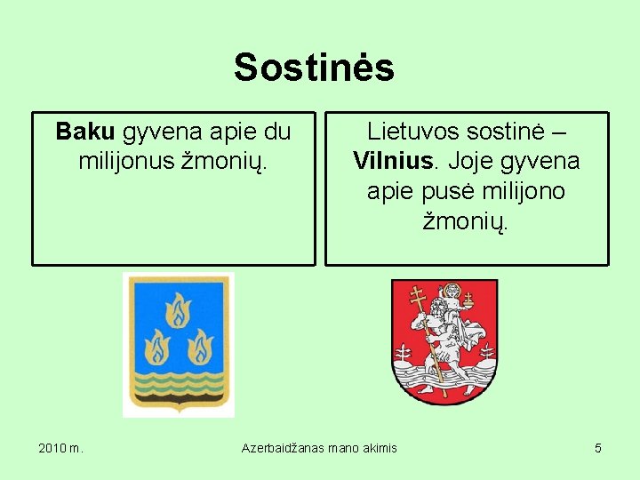 Sostinės Baku gyvena apie du milijonus žmonių. 2010 m. Lietuvos sostinė – Vilnius. Joje