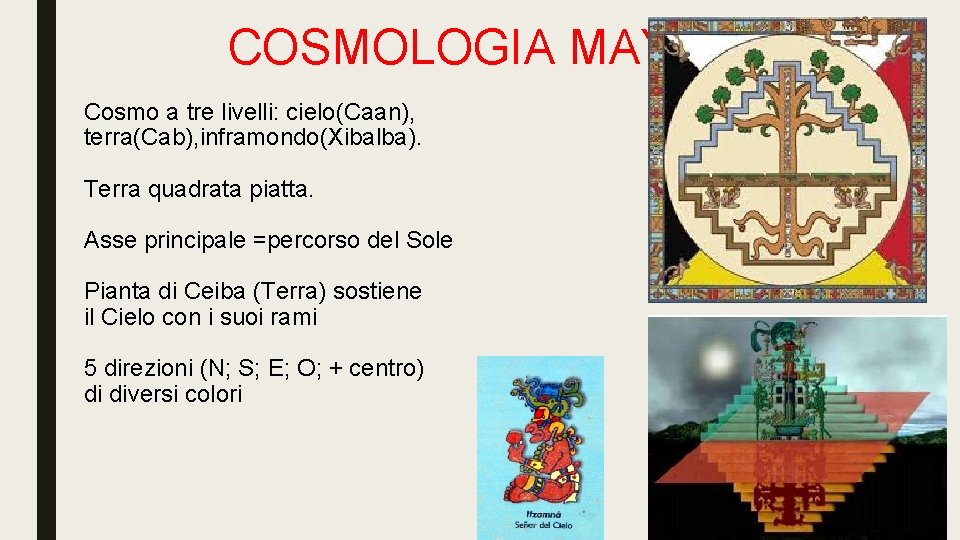 COSMOLOGIA MAYA Cosmo a tre livelli: cielo(Caan), terra(Cab), inframondo(Xibalba). Terra quadrata piatta. Asse principale