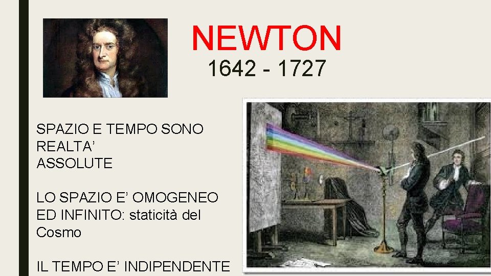 NEWTON 1642 - 1727 SPAZIO E TEMPO SONO REALTA’ ASSOLUTE LO SPAZIO E’ OMOGENEO