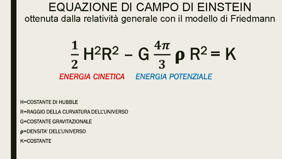 EQUAZIONE DI CAMPO DI EINSTEIN ottenuta dalla relatività generale con il modello di Friedmann