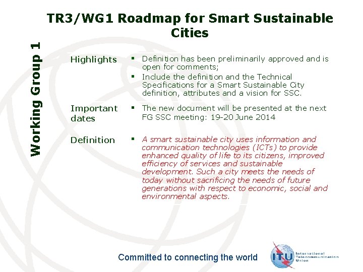 Working Group 1 TR 3/WG 1 Roadmap for Smart Sustainable Cities Highlights § Definition