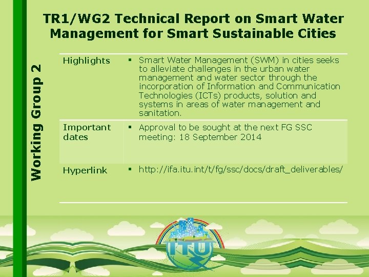 Working Group 2 TR 1/WG 2 Technical Report on Smart Water Management for Smart