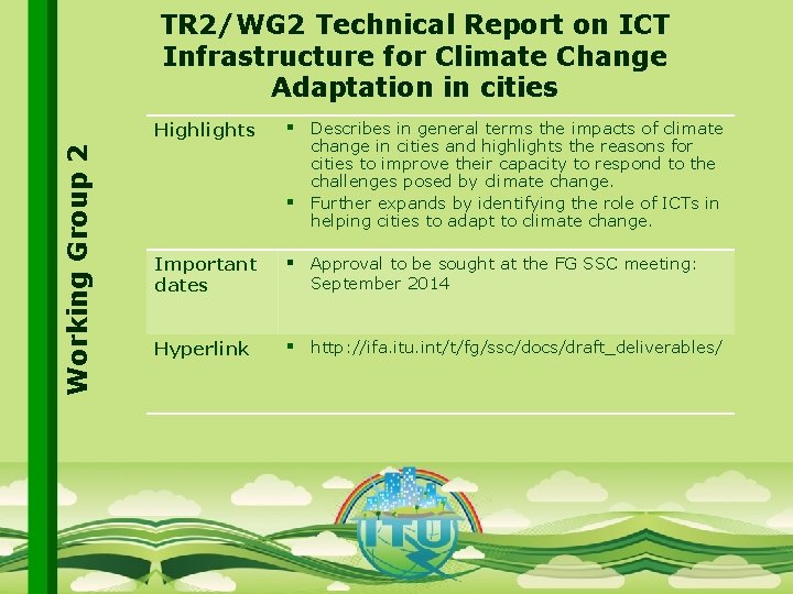 Working Group 2 TR 2/WG 2 Technical Report on ICT Infrastructure for Climate Change