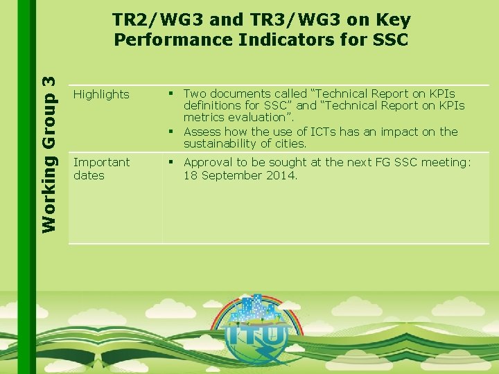 Working Group 3 TR 2/WG 3 and TR 3/WG 3 on Key Performance Indicators