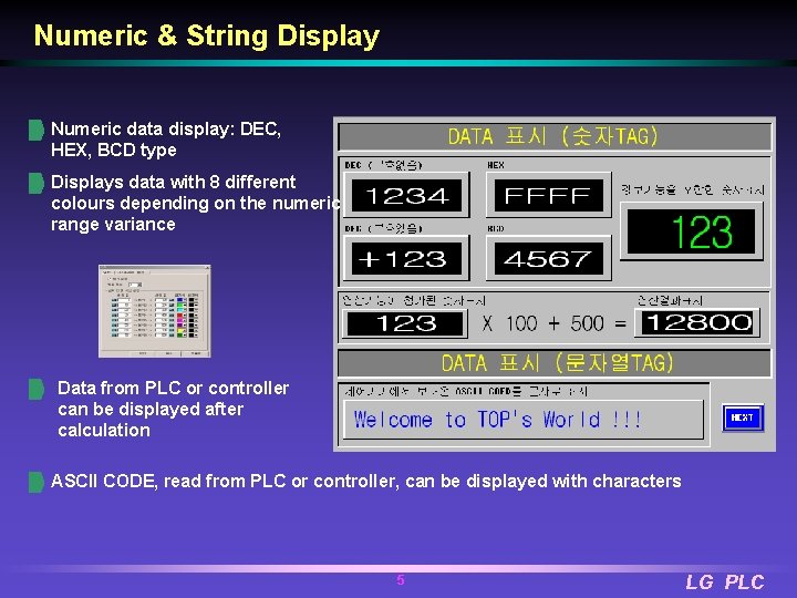 Numeric & String Display Numeric data display: DEC, HEX, BCD type Displays data with