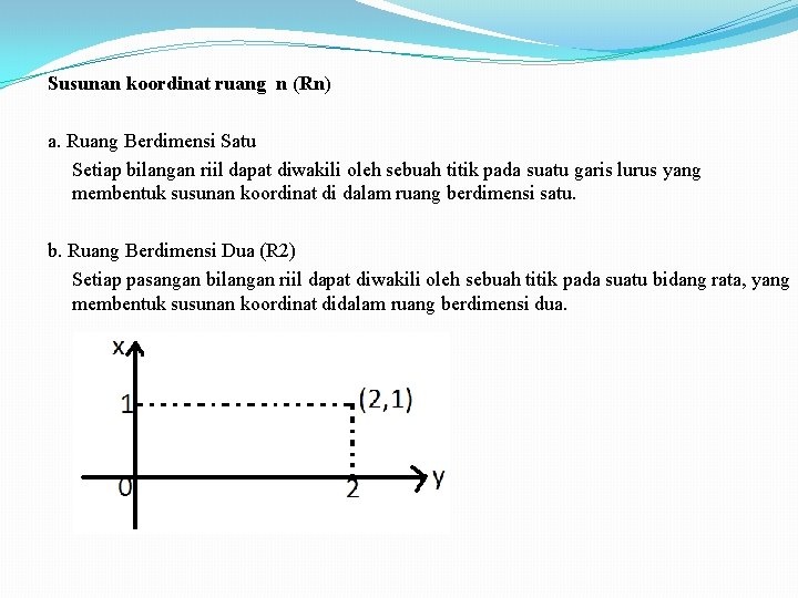 Susunan koordinat ruang n (Rn) a. Ruang Berdimensi Satu Setiap bilangan riil dapat diwakili