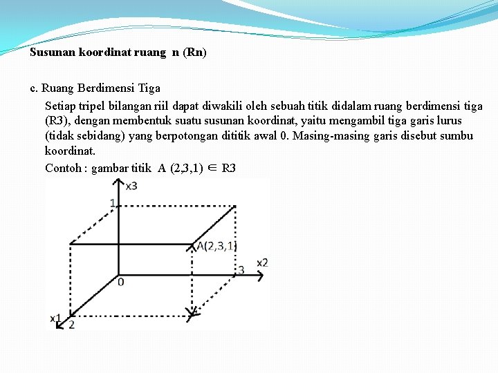 Susunan koordinat ruang n (Rn) c. Ruang Berdimensi Tiga Setiap tripel bilangan riil dapat
