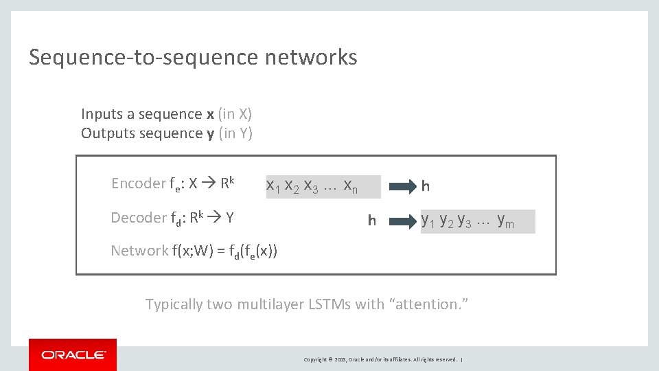 Sequence-to-sequence networks Inputs a sequence x (in X) Outputs sequence y (in Y) Encoder