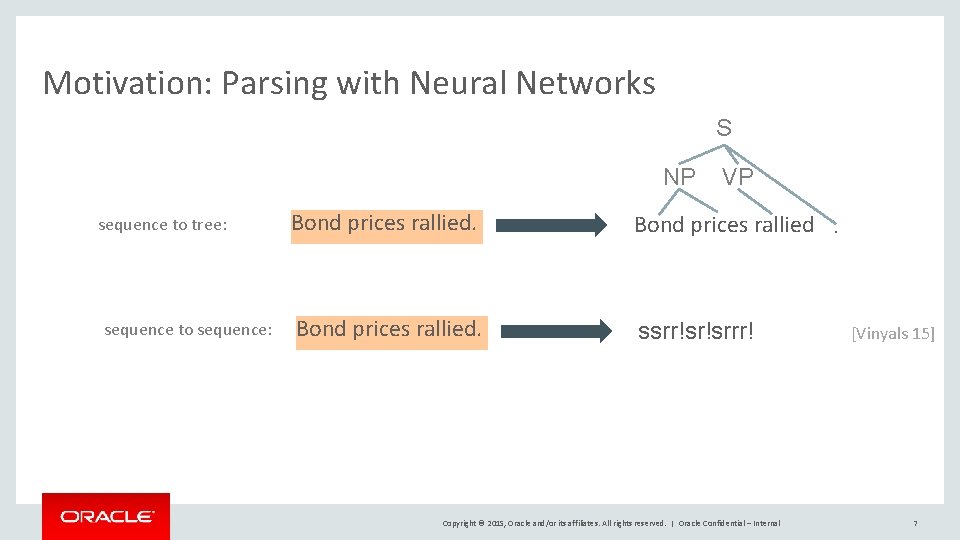 Motivation: Parsing with Neural Networks S NP sequence to tree: sequence to sequence: VP