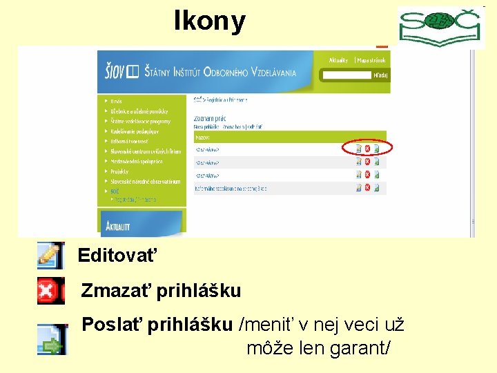 Ikony Editovať Zmazať prihlášku Poslať prihlášku /meniť v nej veci už môže len garant/