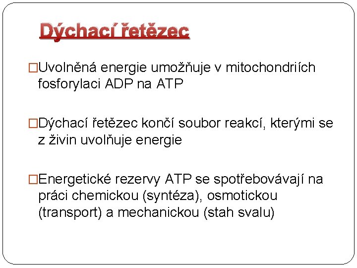 Dýchací řetězec �Uvolněná energie umožňuje v mitochondriích fosforylaci ADP na ATP �Dýchací řetězec končí